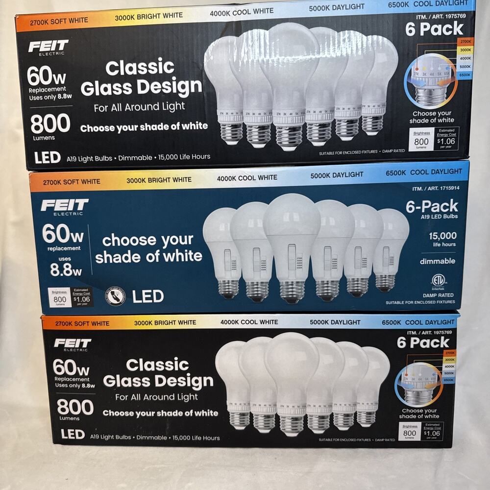 3 Boxes - Feit Electric 60 Watt A19 E26 Dimmable LED Bulb 6-Pack